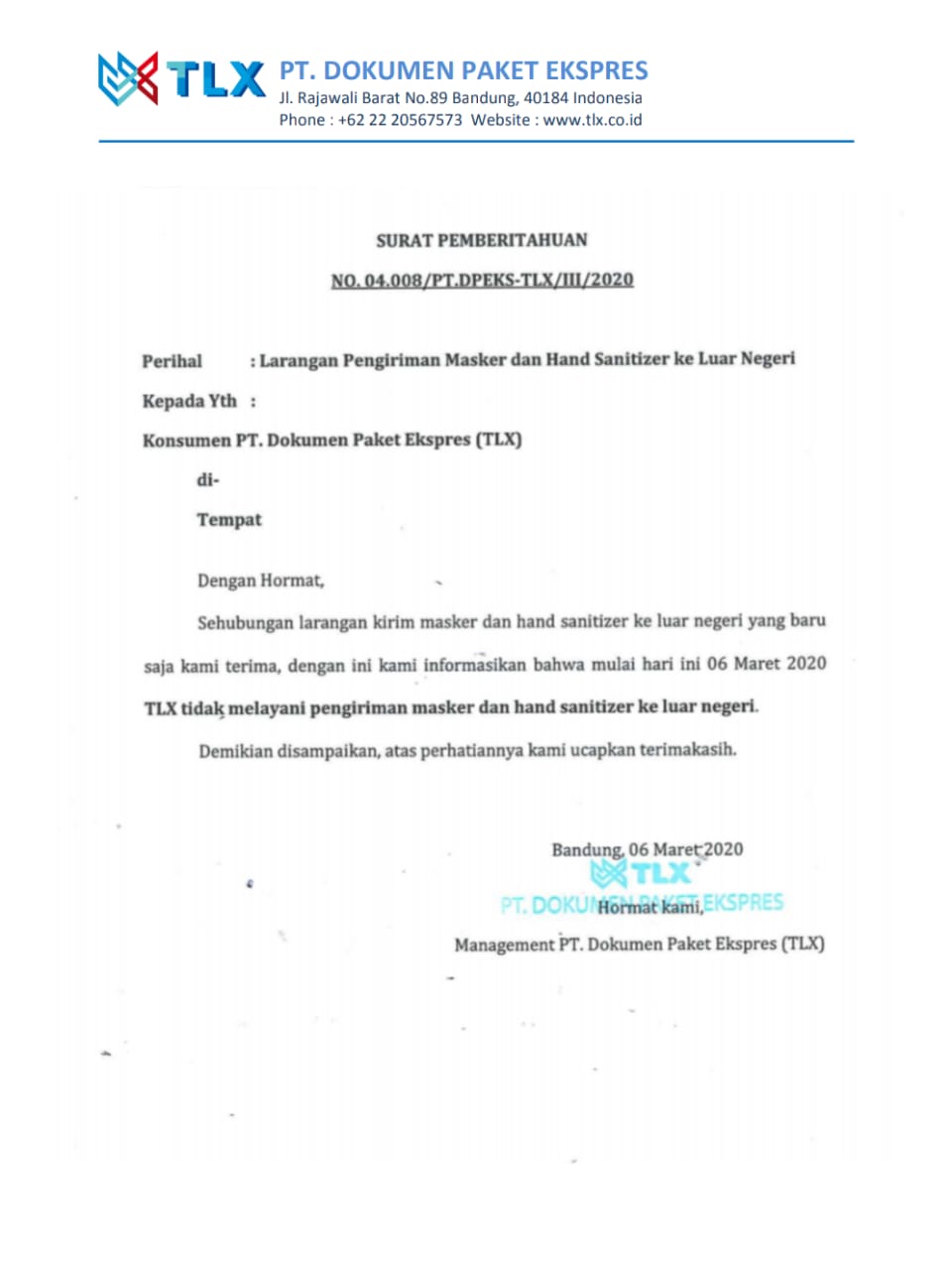 LARANGAN PENGIRIMAN MASKER DAN HAND SANITIZER KE LUAR NEGERI