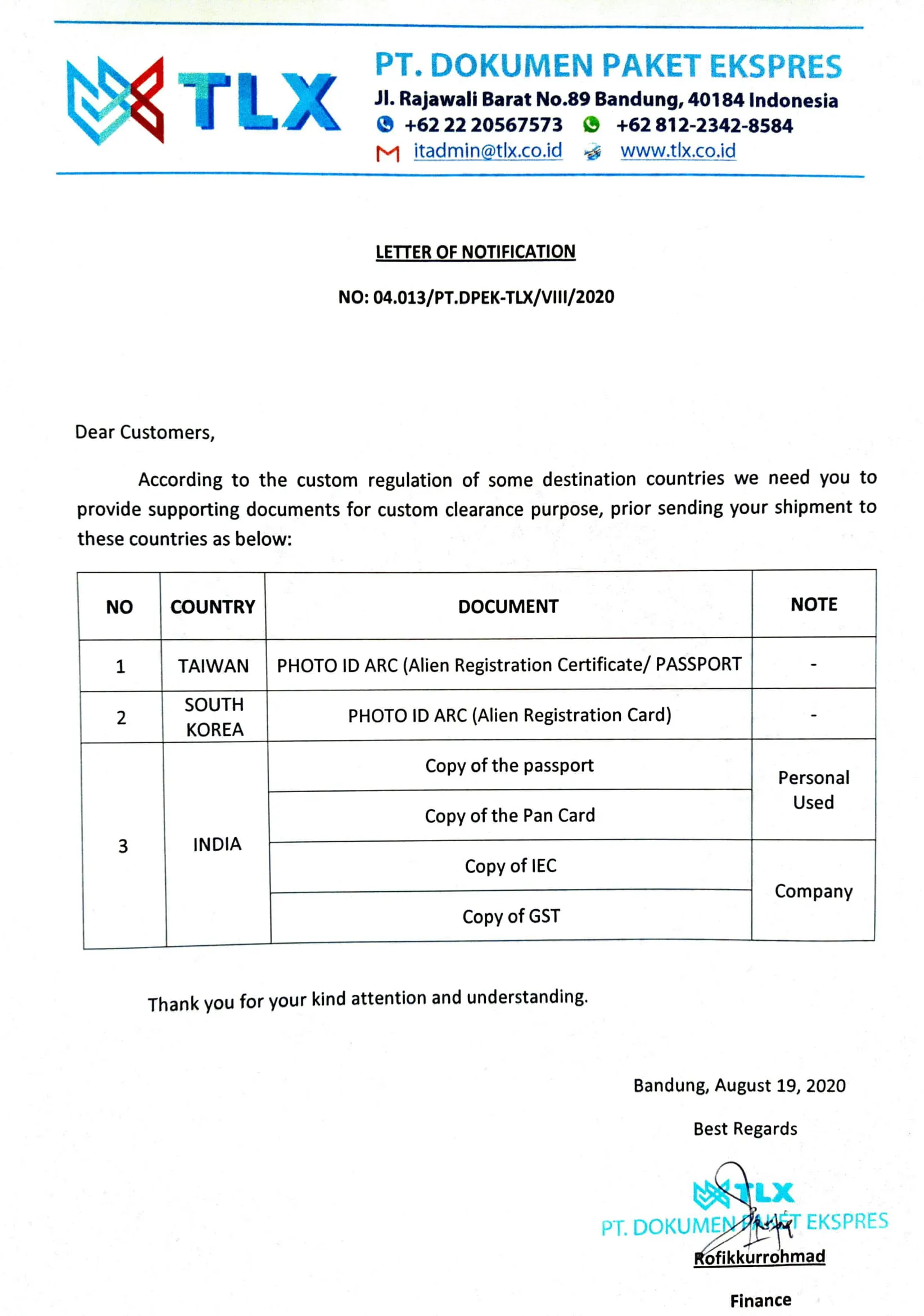 LETTER OF NOTIFICATION FOR CUSTOMS CLEARANCE PURPOSE TO TAIWAN, SOUTH KOREA, AND INDIA