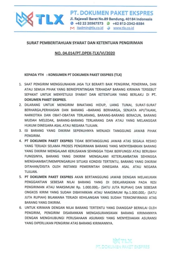 SYARAT DAN KETENTUAN PENGIRIMAN VIA TLX